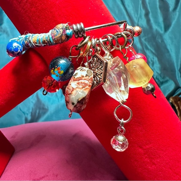 Handmade charm bracelet beaded Assemblage Bangle Thrashed Trashed Fabric shreds - Picture 9 of 14